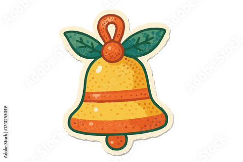 Christmas vintage clay toy bell with green leaves and red accents, torn paper sticker style, naive halftone collage illustration, cartoon vector with transparent background