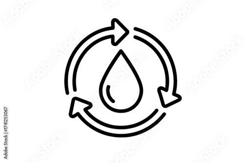 Water drop with circle of arrows recycle symbol, thin line vector illustration for water conservation, sustainable eco concept, reusing and recycling cycle, natural resource protection