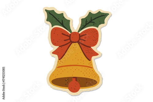 Vintage Christmas bell with red bow and holly leaves, torn paper sticker in naive halftone collage style, vector holiday decoration, festive Xmas ornament illustration