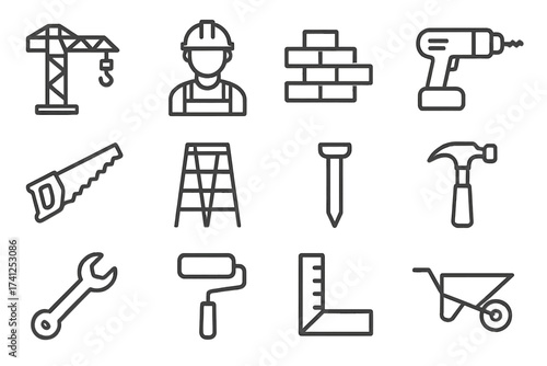 Simple set of construction tools vector line icons, including tower crane, construction worker, brickwork, drill, saw, ladder, hammer, wrench, roller paint, ruler, and wheelbarrow, editable design