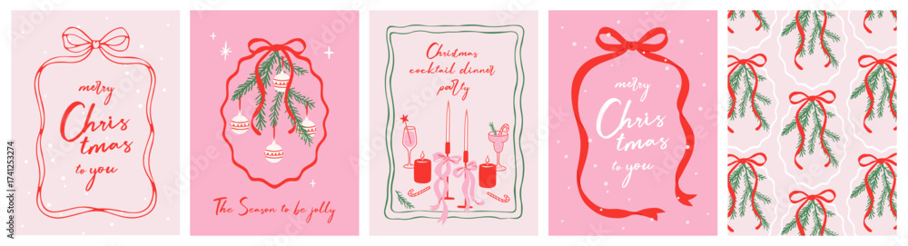 Merry Christmas greeting card Set. Beautiful Xmas design in trendy retro hand drawn doodle style with bow and ribbon frame, fir branches, candles, cocktails. Xmas art banner, poster, cover templates.
