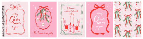 Merry Christmas greeting card Set. Beautiful Xmas design in trendy retro hand drawn doodle style with bow and ribbon frame, fir branches, candles, cocktails. Xmas art banner, poster, cover templates.