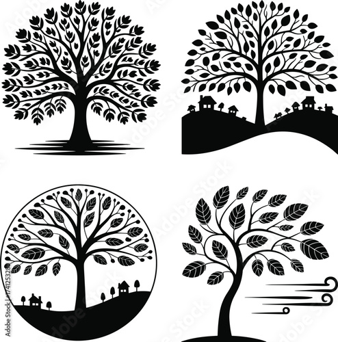 Stylized tree illustration, black and white nature art, rural landscape, seasonal wind concept, village scene, graphic design, decorative print