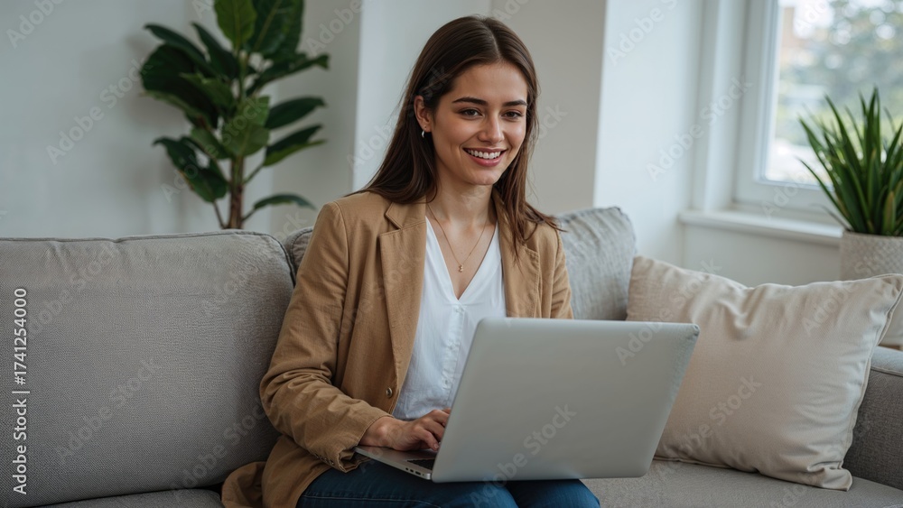 Fototapeta premium Young female business professional wearing casual attire, smiling while using a laptop, working remotely from a cozy living room sofa with indoor plants in the background.