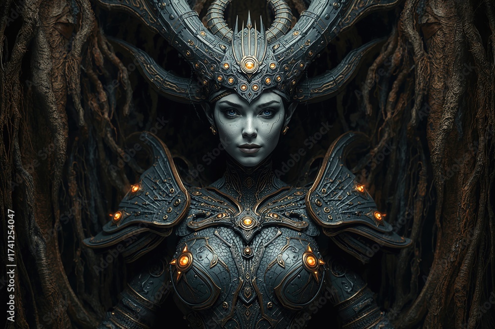 Fototapeta premium Ancient female warrior in intricate armor adorned with glowing patterns and lights, set against a backdrop of dark roots and shadows, exuding confidence and strength.
