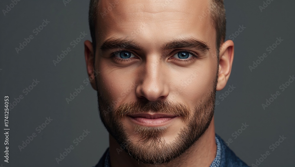 Fototapeta premium Portrait of a young man with short facial hair and blue eyes wearing a denim shirt against a neutral background with soft lighting and a confident expression