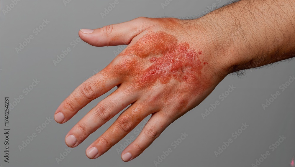 Fototapeta premium Close-up of a human hand exhibiting symptoms of severe skin conditions including psoriasis, eczema, flaking skin, rash, and blemishes, highlighting autoimmune disease effects.