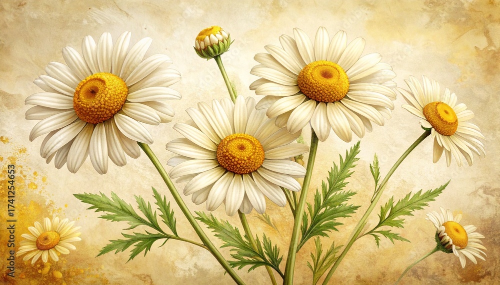 Obraz premium Delicate daisies blooming in a watercolor garden with soft, dreamy light, perfect for spring designs and adding a touch of nature's beauty to any project, conveying peace and tranquility