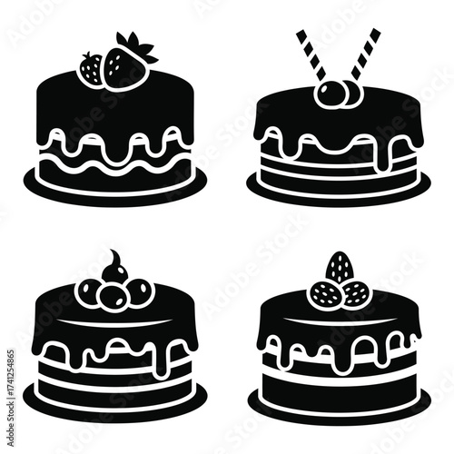 Four black silhouette cakes with dripping icing and fruit toppings celebrate sweet dessert delights silhouette