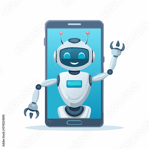 Cheerful Cartoon Robot Waving from Smartphone Screen