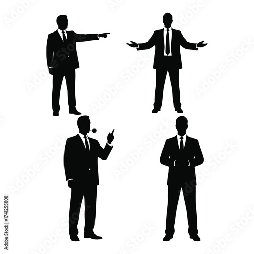 Four silhouette businessmen poses professional corporate figures in suits standing confident and gesturing silhouette