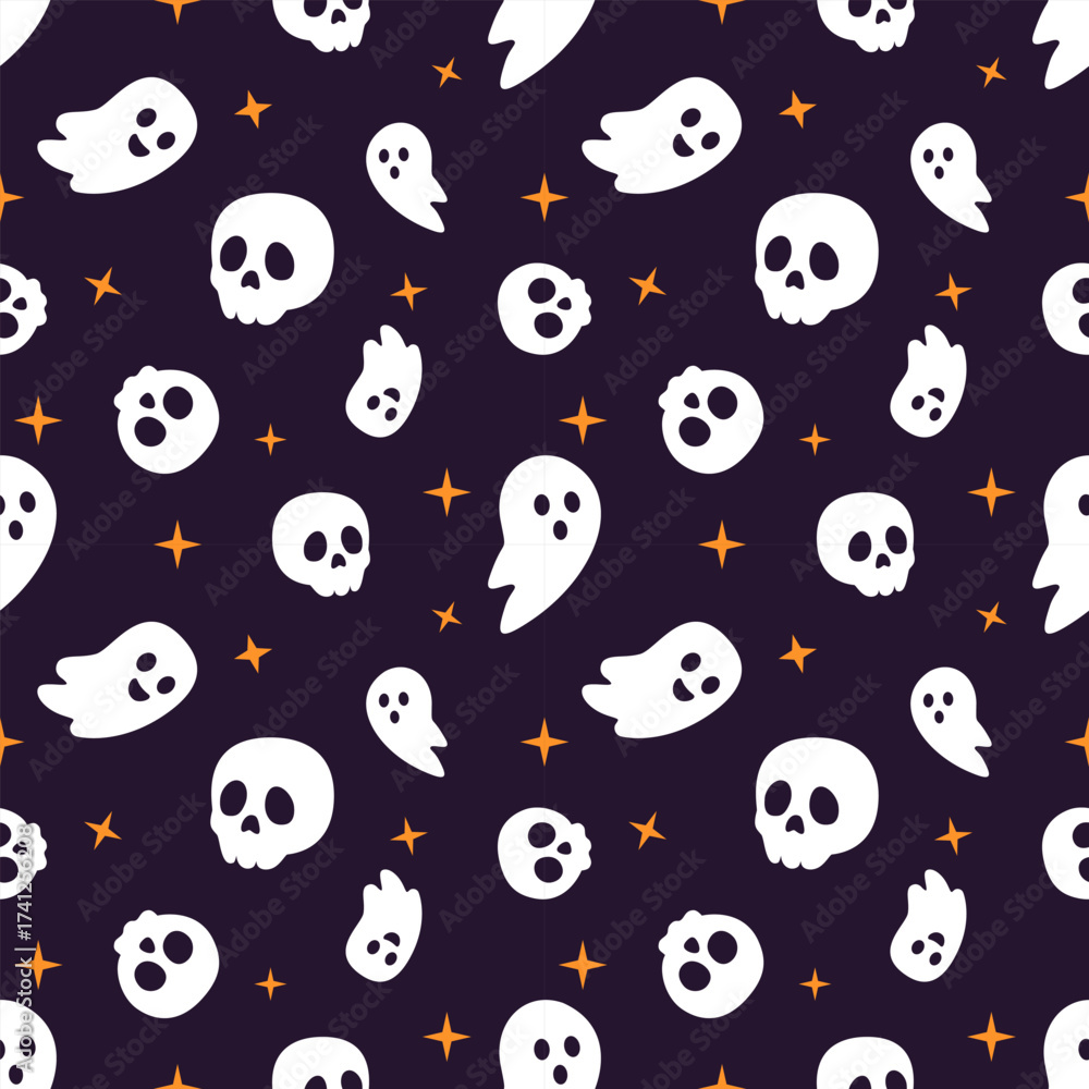 Fototapeta premium Seamless Halloween pattern with cute white ghosts, skulls, and orange stars on dark background. Designed for textile, wallpaper, wrapping paper, party decoration, and holiday design.
