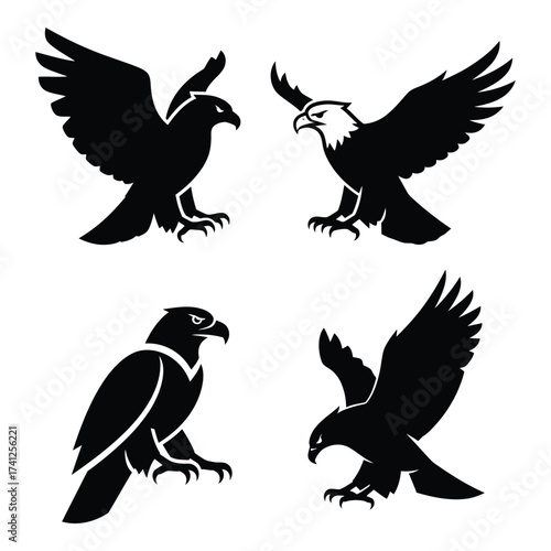 Four silhouette eagle poses set majestic birds of prey wing spread talon grip powerful avian imagery collection silhouette