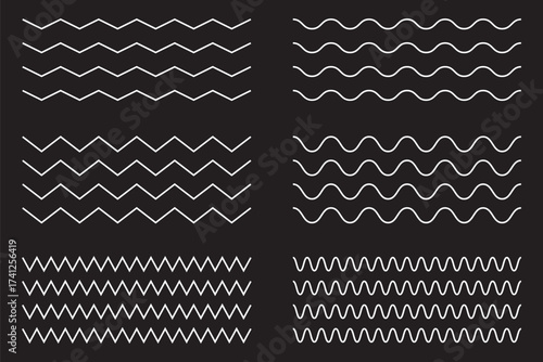 Editable zigzag line pattern with seamless wave texture. Flat vector illustration isolated on white background.
