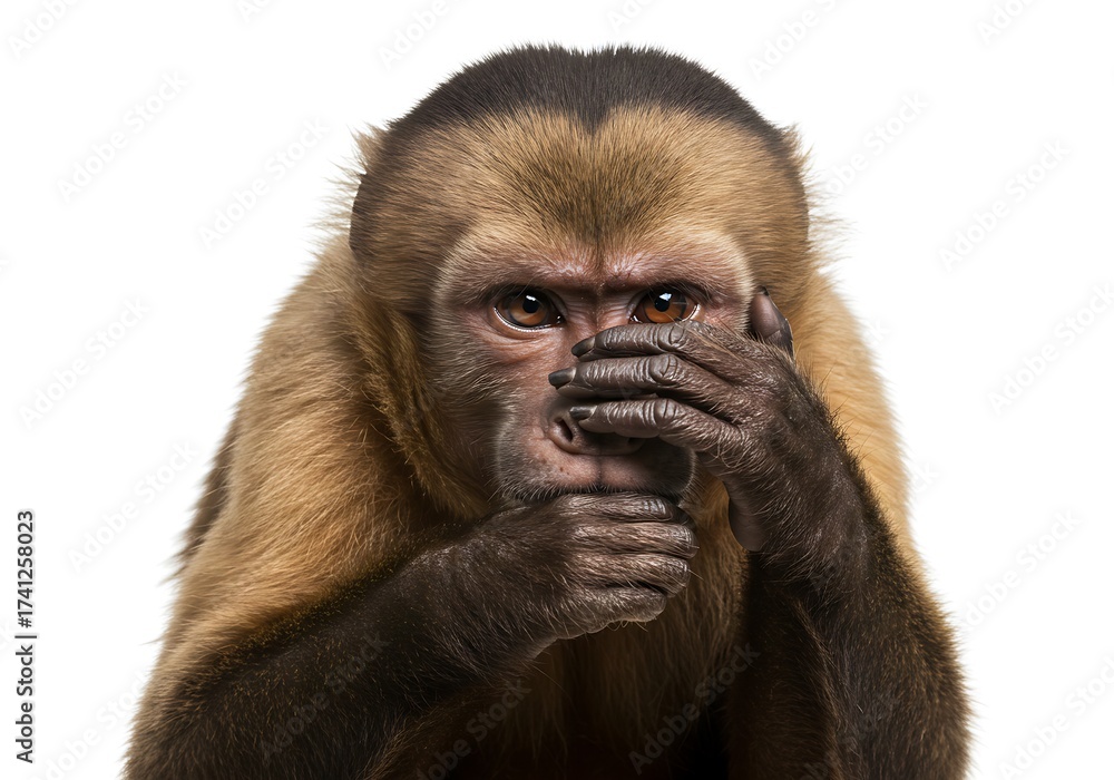 Obraz premium Close-up portrait of a capuchin monkey covering its mouth with its hands, conveying a sense of shyness or surprise.