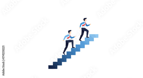 Illustration of ambitious businessmen walking up stairs, symbolizing career progression, corporate growth, and the journey to success