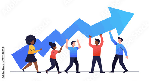Diverse team demonstrating collaborative effort and shared vision to achieve upward growth and business success, symbolizing collective progress and achievement