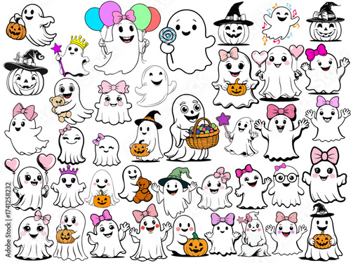 Set of 40 Cute Ghost Vector Icons and Elements. Halloween Spooky Cartoon Characters Collection