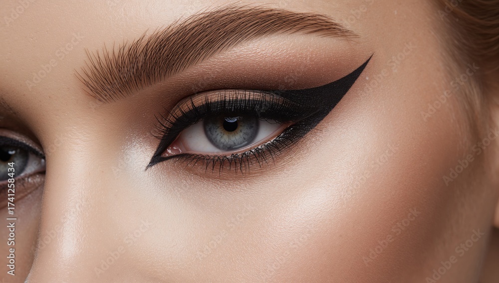 Obraz premium Close-up macro image of female eye featuring dramatic smoky eye makeup with winged eyeliner and long lashes highlighting intricate cosmetic techniques and artistry