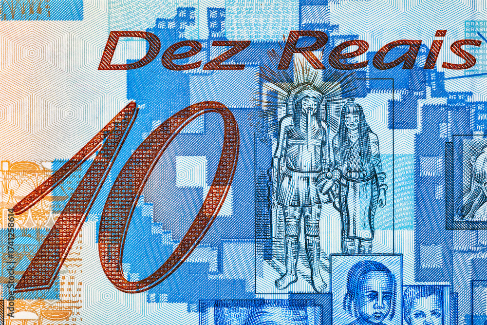 Obraz premium Brazilian 10 real 2000.Pedro Alvares Cabral, Portuguese navigator and explorer.Brazilian people on banknote.Bonistics.World money collection.