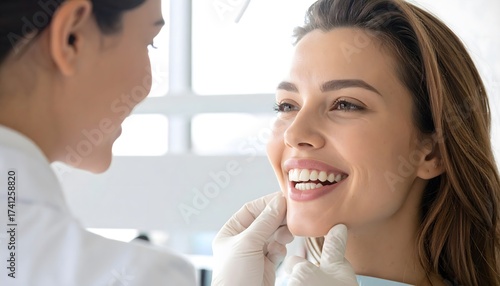 A dentist examines a smiling woman's teeth in a dental office. Dentist examining smiling woman's teeth