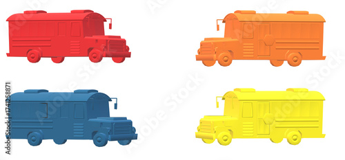 Colorful school buses in red orange blue and yellow against a creating a vibrant and playful transportation scene for kids