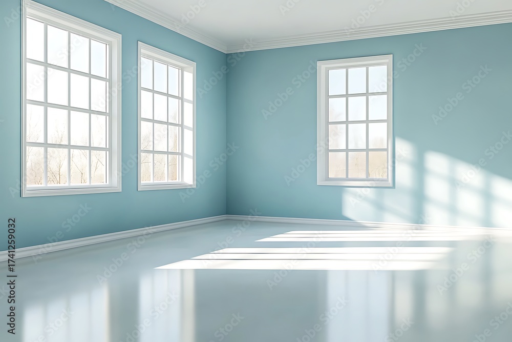 Fototapeta premium Empty room with light blue walls, white trim, three windows, and sunlit glossy floor