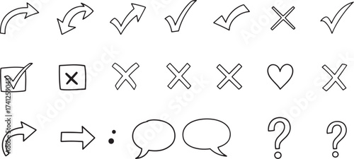 Hand-Drawn Doodle Vector Set of Arrows, Checkmarks, X-Marks, Hearts, Chat Bubbles, and Question Marks for Design Elements and Vector Elements Graphics.