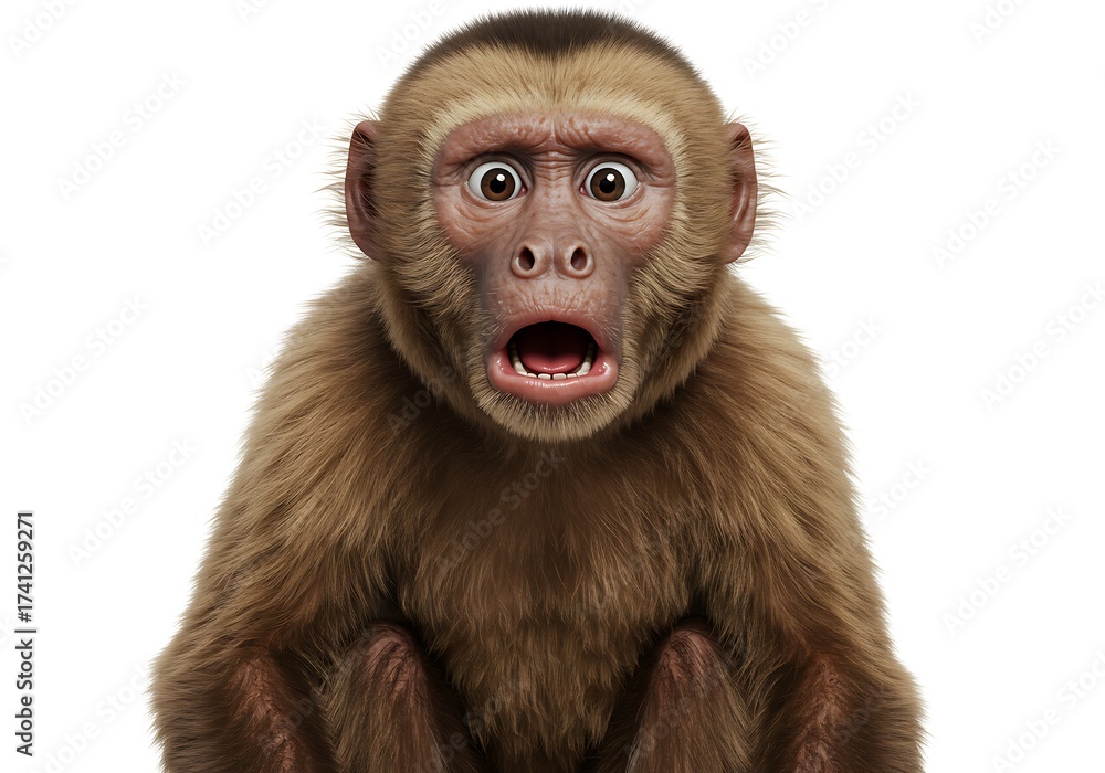 Obraz premium A young monkey with brown fur stares wide-eyed at the viewer, mouth agape in a state of shock or surprise, isolated on a white background.