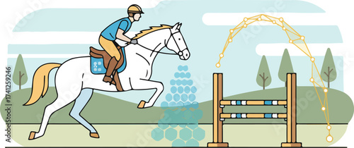 AI Equestrian Show Jumping Optimal Approach and Trajectory Vector Illustration. Rider Clearing Hurdle with Digital Guide