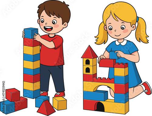 Happy children building colorful block tower and castle, boy stacking bricks, girl constructing house, fun learning activity, creative playtime, teamwork