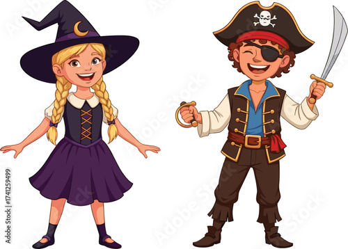 Happy children in Halloween costumes, cute witch girl, pirate boy with sword, cartoon characters, spooky holiday celebration, fun festive party