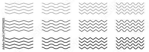 Vector collection of different thin line wave isolated on white background. Big set of wavy - curvy and zigzag - criss cross horizontal lines. Graphic design elements variation dotted line, solid line