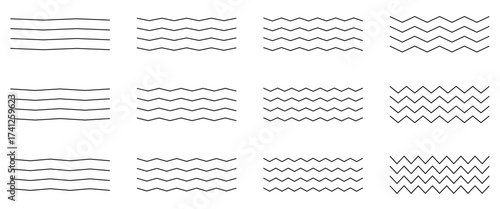 Vector collection of different thin line wave isolated on white background. Big set of wavy - curvy and zigzag - criss cross horizontal lines. Graphic design elements variation dotted line, solid line