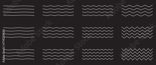 Vector collection of different thin line wave isolated on white background. Big set of wavy - curvy and zigzag - criss cross horizontal lines. Graphic design elements variation dotted line, solid line