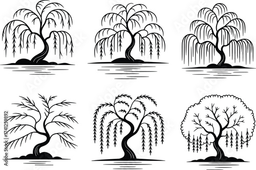 Willow tree illustration, stylized nature art, abstract tree design, landscape drawing, water ripple effect, botanical sketch, artistic foliage concept