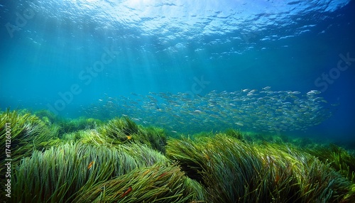 posidonia oceanica seagrass with a school of fish underwater in the mediterranean sea catalonia llafranc costa brava spain