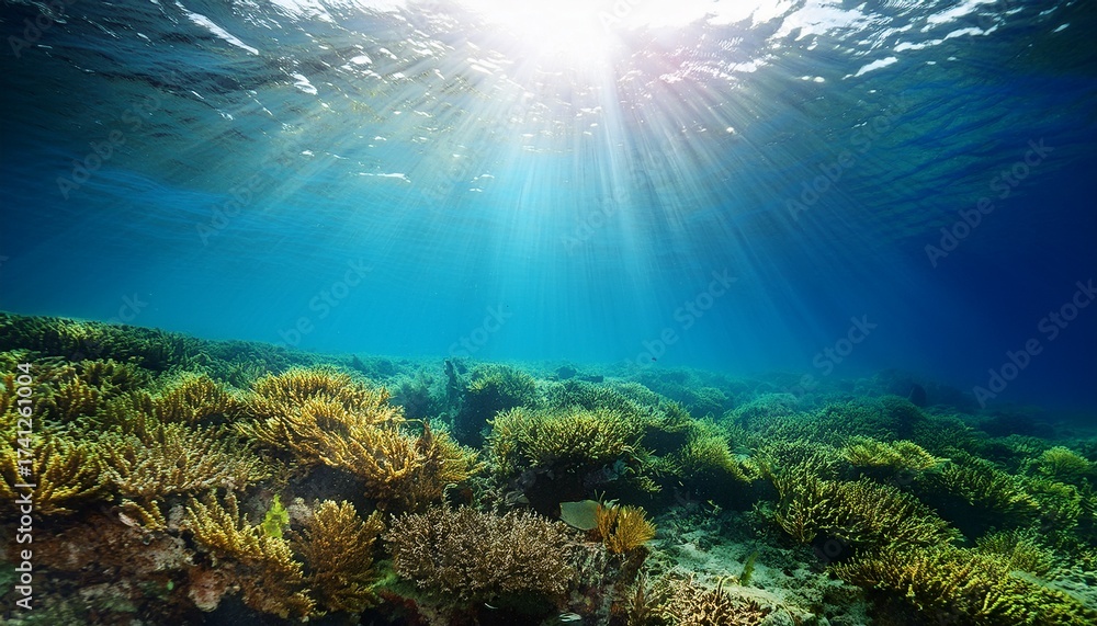 Fototapeta premium sunbeams underwater viewed from seabed in a reef