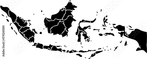 Black and White Silhouette Map of Indonesia, Outlining the Archipelago Nation's Islands