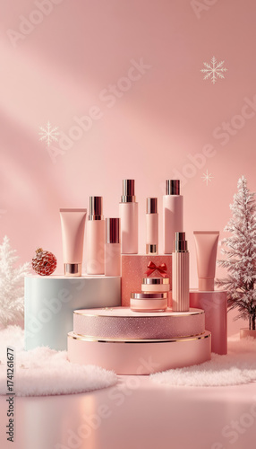 Elegant skincare packaging in pastel pink tones with winter holiday decorations