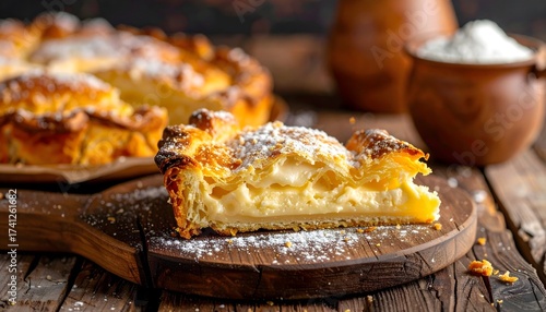 A slice of creamy custard banitsa with a flaky crust, dusted with powdered sugar, on a wooden board. Background includes more pie slices and ingredients like flour.