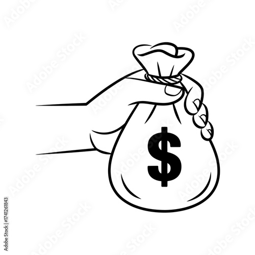 Cartoon Hand Holding a Bag of Money with Dollar Sign Symbolizing Wealth and Financial Success in Business Investment and Economic Growth