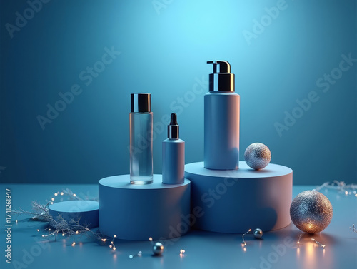 Minimalist beauty packaging on modern blue podium with Christmas ornaments