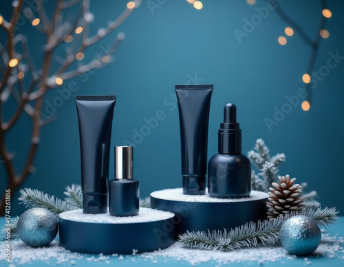 Elegant skincare packaging on snowy pedestal with festive blue background