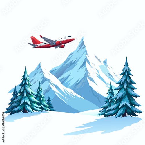 Red airplane flying above snowy mountains and pine trees, symbolizing travel, freedom, and adventure, a perfect illustration for tourism, exploration, and wanderlust designs