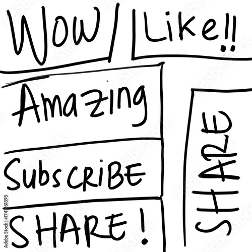 Engaging handwritten social media call to action promoting interaction like wow, like, subscribe, share, amazing for content creators and online influencers