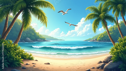 A serene tropical beach scene featuring palm trees, clear ocean, and soaring seagulls under a bright blue sky.