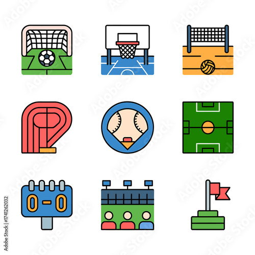 Colorful Sports Icons Illustration Featuring Soccer Basketball Volleyball Track Baseball Field Scoreboard Stadium and Flag Design Element