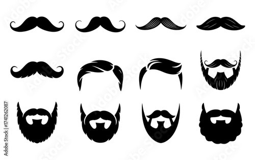 Set of Black Silhouette Hair Styles Mustaches and Beards for Fashion and Barber Shop Concepts Various Designs