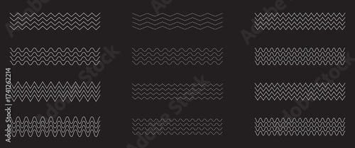 Wave line and wavy zigzag lines. Black underlines wavy curve zig zag line pattern in abstract style. Geometric decoration element. Vector illustration.